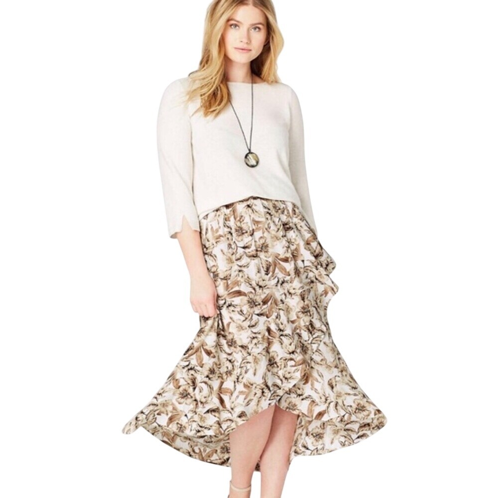 J Jill Floral High-Low Ruffle Skirt XSP Petite Modest Elastic Waist Summer Boho